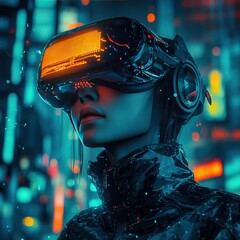 Futuristic digital world with advanced AI, robots, and cloud computing technology in a cyberpunk-style metaverse.