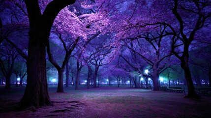 Enchanting Night Scene of a Serene Park with Illuminated Purple Cherry Blossoms Under a Starry Sky