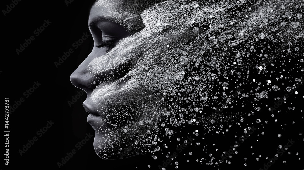 Aufkleber this digital representation shows a face merging with abstract particles, symbolizing mind transfer.