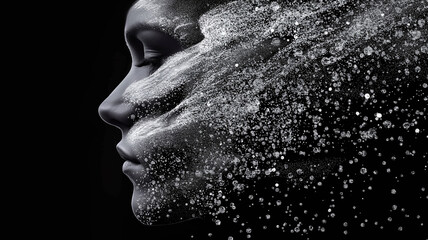 This digital representation shows a face merging with abstract particles, symbolizing mind transfer.