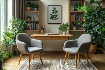 A calming, plant-filled interior space with comfortable seating.