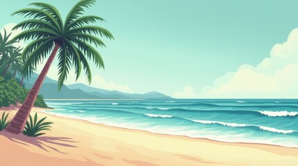 Vintage poster of paradise beach, pastel palette, palms and waves, horizontal, relaxing mood, no people.

