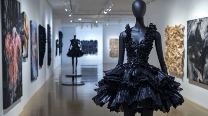 Obraz premium A black dress with numerous ruffles is displayed on a mannequin in an art gallery