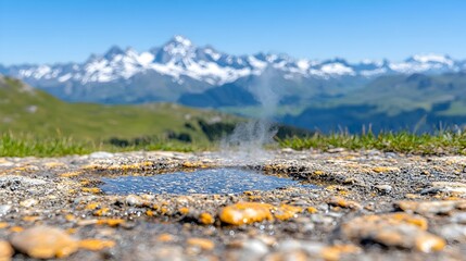 A small, steaming pool of water sits in a rocky area, with a majestic snow-capped mountain range in the background under a clear blue sky