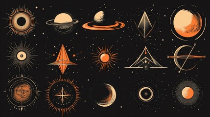 Fototapeta premium Celestial Glyphs Planets Stars and Cosmic Symbols on Black