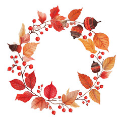 Fototapeta premium Charming wreath of red-orange autumn leaves, rustic wreath of red, orange and brown autumn leaves, warm autumn leaf and berry wreath, wreath made of autumn leaves, on a transparent backgrounds