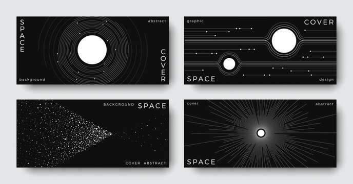 Set of abstract space astronomy horizontal backgrounds. Line art simple meteorites, planet, solar system. Black and white science future concept. Minimal design for cover, poster, banner, flyer, ads