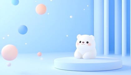 Fototapeta premium Adorable cartoon polar bear sits on a light blue pedestal amongst pastel floating spheres against a light blue background with vertical columns
