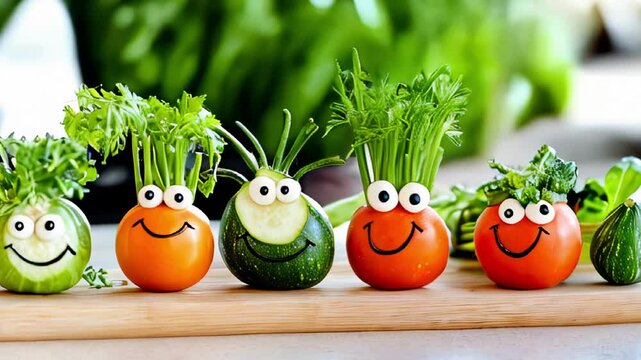 Playful vegetable characters with smiling faces on a wooden board in a sunny kitchen.