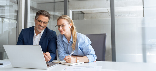 Mature mentor senior leader man showing young woman employee project on laptop in office. Two...