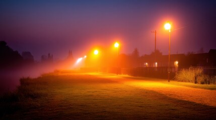 Misty Riverside Path Illuminated by Golden Street Lamps During Twilight Creating a Serene Atmosphere