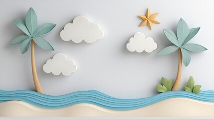 Stylized Beach Scene with Palm Trees Clouds Star and Waves in a Light Background