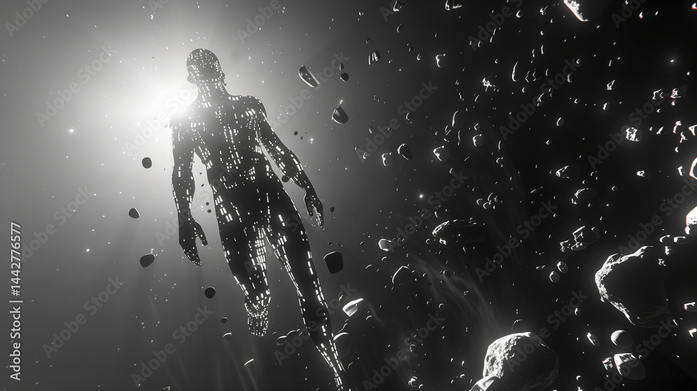 Poster this human-like figure moves through a cosmic space filled with data and memories.
