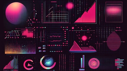 Vibrant data visualization and analysis dashboard concept on dark background