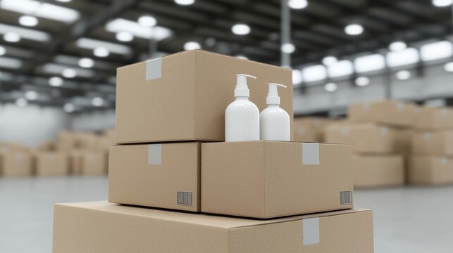 Cardboard boxes stacked high, holding white plastic bottles,  in a large warehouse.  Plenty of empty boxes surrounding the stack
