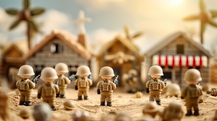 Group of brave soldiers standing proudly in front of a small town with historic buildings in the background