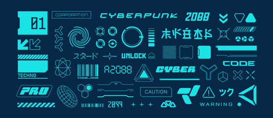 Futuristic sci-fi elements in Cyberpunk style for t-shirt print and game design. Futuristic HUD elements with Japanese text inscription. Futuristic emblems and signs for silkscreen clothing (2) © VRTX