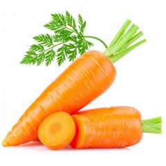 Fresh Orange Carrots with Green Tops on White Background