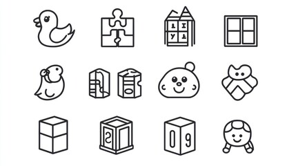 Kids Toys Outline Icons Set