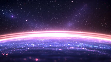 Obraz premium Glowing horizon of a vibrant, futuristic planet set against a star-filled cosmos