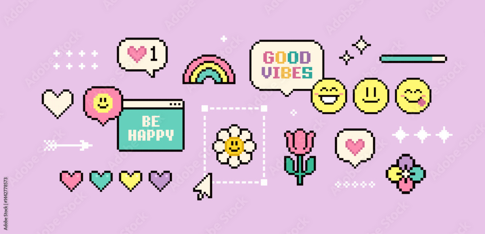 Poster Y2k Pixel game elements and stickers of Good Vibes 90's aesthetics (set 2). 8-bit retro computer game background. Simple geometric forms. Playful Pixel Icons pack 
