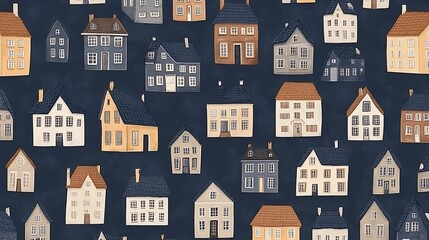 Whimsical array of hand-drawn residential houses in captivating wallpaper style