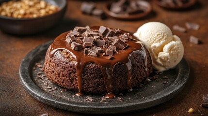 Molten chocolate cake with ice cream, dessert, closeup, rustic background, food photography