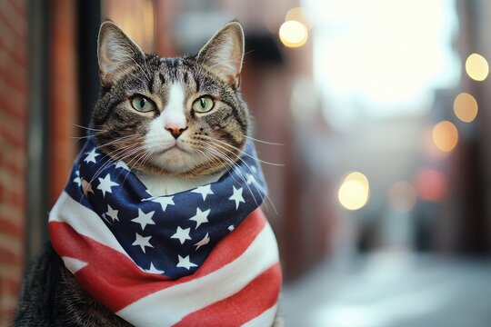 Patriotic cat with american flag bandana cute tabby cat independence day pet photography adorable feline usa pride