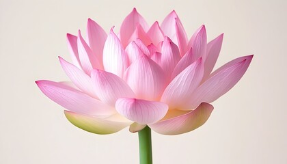 Naklejka premium A delicate pink lotus flower in full bloom, showcasing its numerous petals and a subtle yellow center against a soft, neutral background