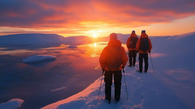 Explorers witness the breathtaking Arctic sunrise over a stunning icy landscape filled with beauty and wonder