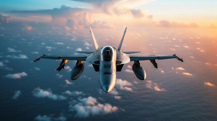 Powerful fighter jet cutting through the air at great speed with contrails streaming behind against a bright sky