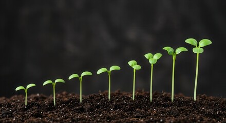 Sequence of green seedlings growing in dark soil, showing stages of growth and development from small to large plant.