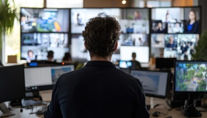 Hybrid work strategy business manager overseeing operations in a modern office environment