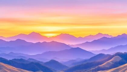 Obraz premium Serene sunrise paints pastel hues across a vast, layered mountain range