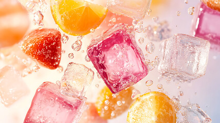 Refreshing ice cube with fruit slices and bubbles in water, capturing vibrant and cool sensation with citrus and strawberry pieces floating dynamically in clear liquid