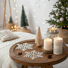Cozy Winter Scene: Candles Snowflakes Christmas Decor