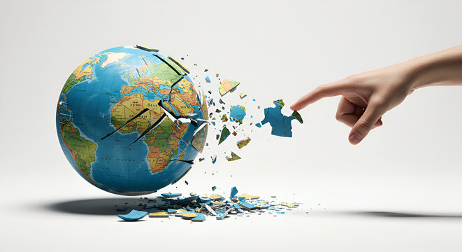 A woman's hand pushes a puzzle piece into a broken earth globe, a concept of global crisis and environmental damage, for use in news articles or educational content about ecology.