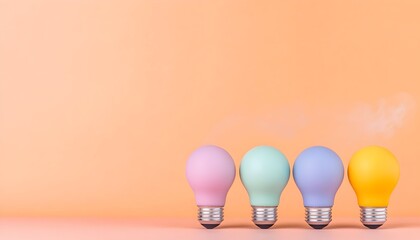 Four pastel-colored light bulbs in a row on a peach background, one emitting smoke