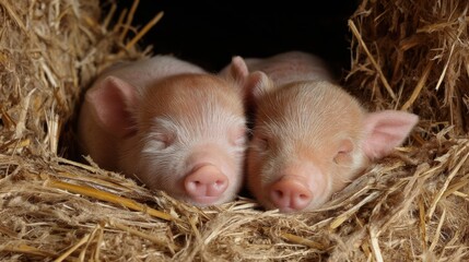 Piglet Snuggles: Two Sleeping Baby Pigs in Hay Nest