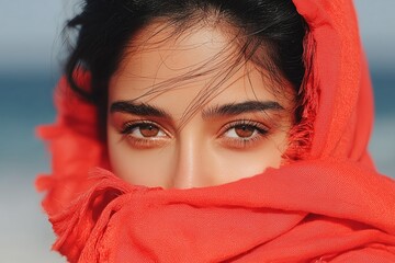 Fototapeta premium Vibrant Veil: A Woman with Bold Red Scarf Against a Coastal Backdrop