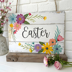 Hand-painted Easter Sign with Floral Wreath: Spring Decor