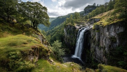 Fototapeta premium A wideangle nature shot captures the grandeur of the waterfall and its surroundings