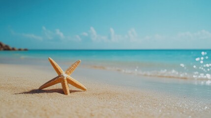 Starfish on Sandy Beach with Turquoise Water and Bright Sky in Tropical Paradise Scenery
