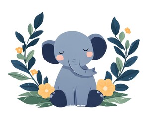 A cute gray elephant sits serenely amidst a floral wreath of dark green leaves and yellow blossoms