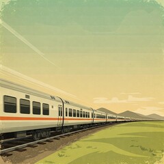 Fototapeta premium Retro Train Travel Illustration: Passenger Train Journey Through Stylized Landscape with Mountains. Vintage Poster Art on Aged Paper Texture with Copy Space.