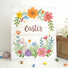 Personalized Floral Bunny Easter Canvas Wall Art for Kids Room Decor