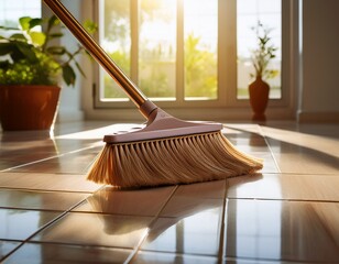 floor broom cleaning shiny tiles in bright home interior cleaning housekeeping