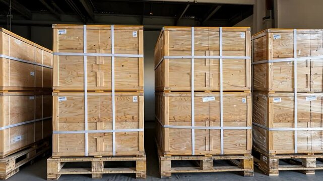 Wooden Crates Stacked on Pallets in Warehouse with Plastic Wrap and Labeling on Boxes