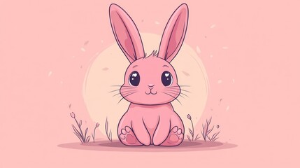 Fototapeta premium Pink bunny sitting in field, pastel background, cute illustration, kids card
