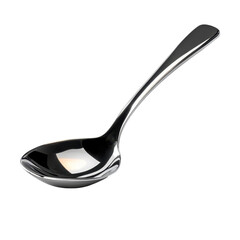 A high-gloss, slightly angled small serving spoon with a curved handle, against a dark background.